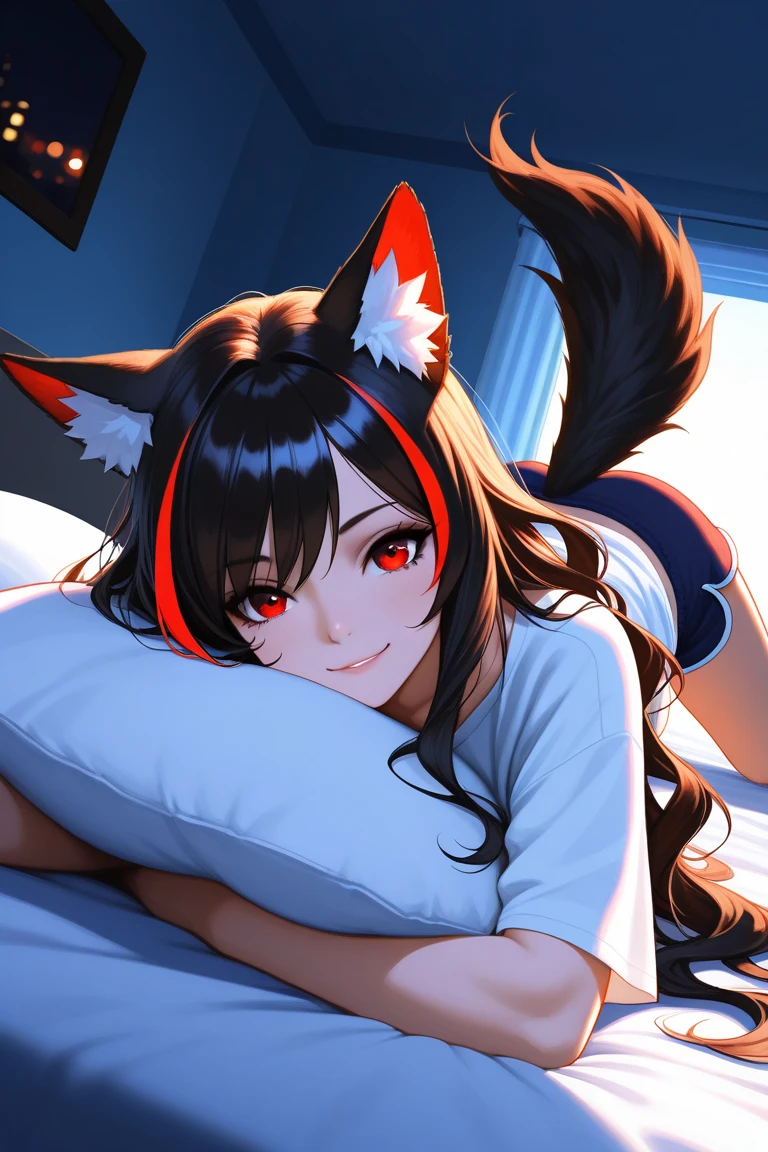 An adult woman, half fox, black hair with red stripes, pink and red eyes, very shy, very sexy, underwear, lying down