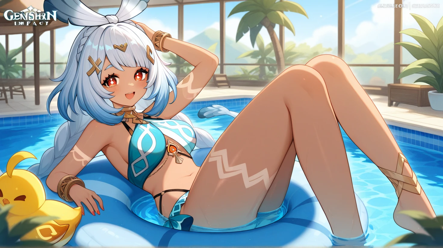(1 girl), (((Velzard de tensei shitara slime datta ken))), She has fair skin, eyes the color of blue diamonds and long, shiny hair, Pearl White, reaching down to her waist, (((She wears a blue pendant in the shape of a star and a golden headband))), (wears a very short black bikini), large breasts, thin arms, (muscular belly), (((muscular legs))),(standing), thin waist, bare feet and very detailed, beautiful feet and well-shaped toes, (((beach night scene with starry sky and blood moon in the sky))), (hair tied in double ponytails), empty eyes, eyes empty, empty eyes, eye reflection, glowing eyes, bad mood, anime, anime style, ray tracing, cinematic lighting, panorama, Sony FE, UHD, masterpiece, anatomically correct, super detail, high quality, best quality, high resolution, 16k