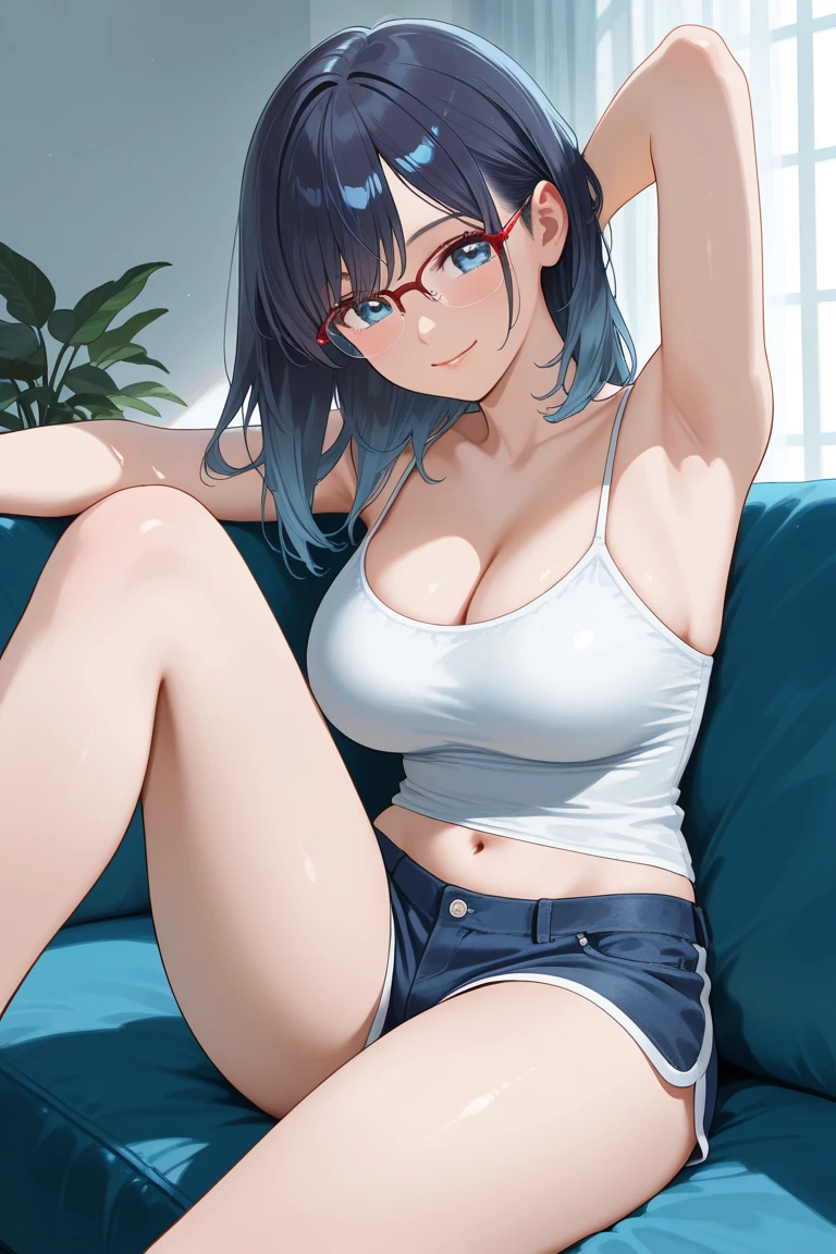 full body shot, thick hair, crystal blue eyes, open mouth smile, aroused 25 years old, playfully aroused, dripping with desire, busty cleavage, low cut spaghetti strap tank top , shorts, slim waist, standing stretching, coy smile with open parted lips, (blushing:1.3), looking invitingly at the viewer, seductive eyes, facing the viewer, livingroom background, posing by the sofa, (pov), glowing eyes, necklace, earrings, nsfw,