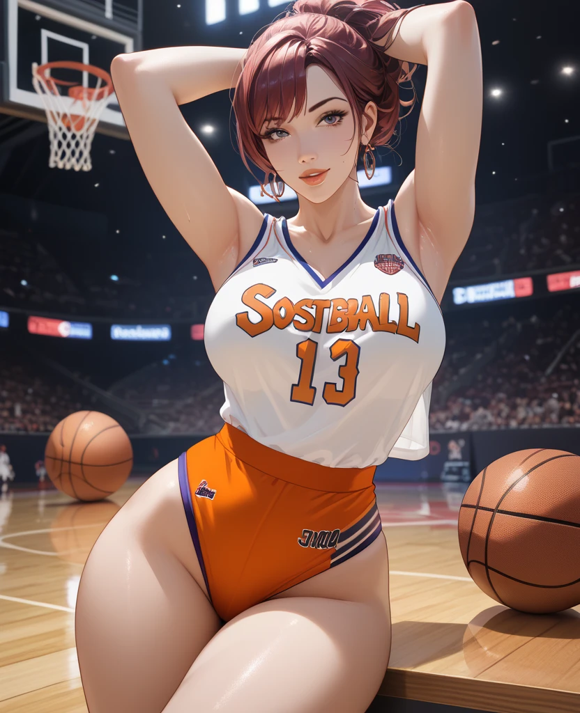 (masterpiece, best quality, (1 Girl:1.5), Solitary, Intricate details, Chromatic Aberration), ((Short Wavy Hair, Bangs, (black eyes:1.5), blunt Bangs, Orange Hair, Bob Cut)), Small earrings, Sharp eyes, Necklace, (Large Breasts: 1.2), cleveage, A faint smile, (Black cropped top, Thin material, Denim shorts), The waist is open, (Symmetrical eyes), (Perfectly symmetrical body), (((Natural light))),  ((Leaning against the basketball stand)),Holding a basketball