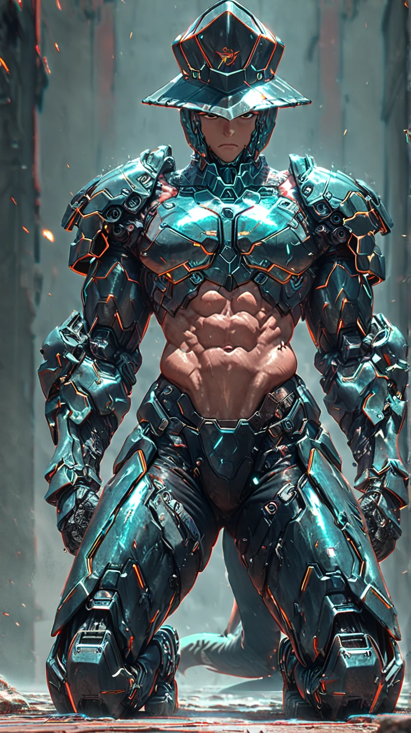 (mid_shot:1.3),(1 male:1.2),(muscle man:1.1),(frontal illumination:1.2),with a silver body and glitters with lights above,extreme iridescent reflection,in the style of vray tracing,vibrantmanga,shiny/ glossy,rococo pastel,fluid form,tinycore,fluid impressions,vray,machine aesthetics,yanjun cheng,silver,shiny eyes,fluidform.,the young warrior,male characteristics, detailed bulge, beard