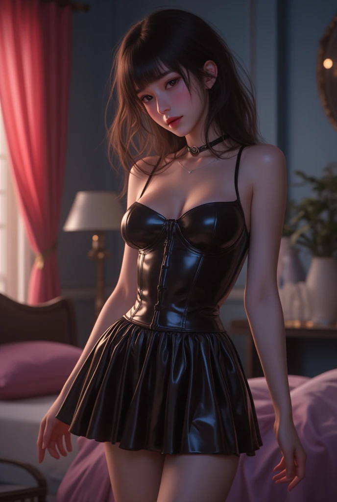 masterpiece. highly detailed. A beautiful Teen Emma Watson posing in a tight intricate black sleeveless dress and black stockings. freckles. Her hair is styled in two long dark braids. She is standing inside a mansion at night, with the moon in the background.