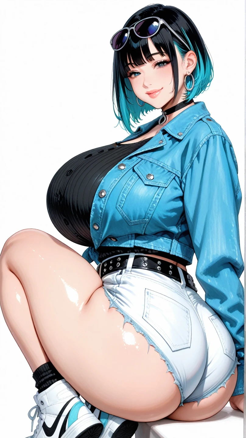 (best quality,4k,8k,highres,masterpiece:1.2), ultra-detailed, (realistic,photorealistic,photo-realistic:1.37), ((gigantic breasts:1.6)), illustration, vivid colors, portraits, studio lighting,physically-based rendering, cynical lighting effect, sexy pose, (ultra-detailed eyes:1.4), (cool, bob hair, dark blue hair, blue_eyes:1.4), shy, (black necklace, earrings:1.3), (on mountain:1.3), (nipples:1.4), ()