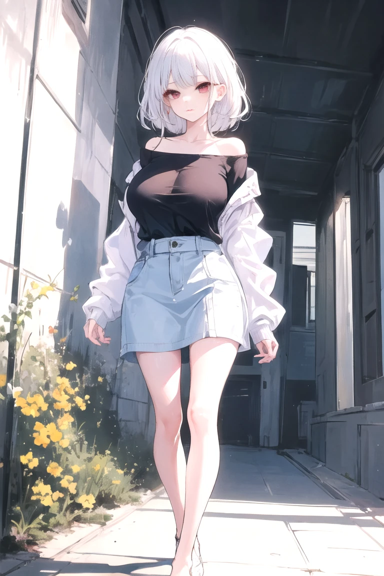 1girl, alone, white polo, white sneakers, tennis, white miniskirt, best quality, realistic, hyper-detailed, (shiny, sweaty skin:1.4), absurd, looking at viewer, long white hair, purple eyes, slender, dynamic lighting, tall resolution, sharp focus, depth of field, detailed eyes, sharp pupils, realistic pupils, (medium breasts: 1.6), (thick thighs: 1.0), thin waist, outdoor, sky