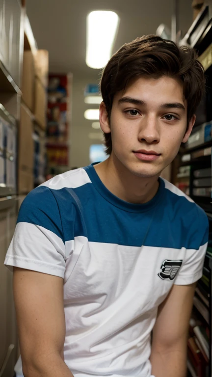 A beautiful young man, a cute male twink, with black hair, wearing a white long-sleeved shirt and jeans, and he is in his office, and behind him is a blackboard with calculus written on it, and neon energy comes out of the blackboard, and he looks on proudly.