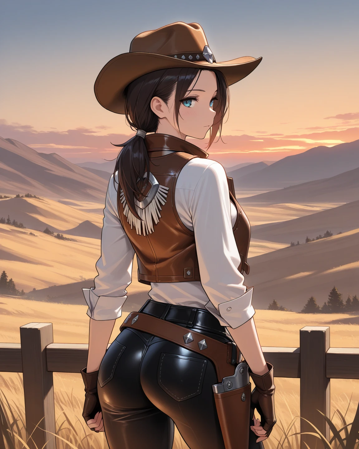 western drama，Caracar Desert，Cowgirl，Redhead，Braid，(Brown hot pants:1.6)，Gunman，Skin Belt，High Boots，Have，With a smile，Wink，Cute and sly，Stars and Stripes Bikini，Cowboy hat，Attractive thighs，Brown Skin，Hunchback，Brown Hot Pants，floor、Butt sticking out pose，Side angle