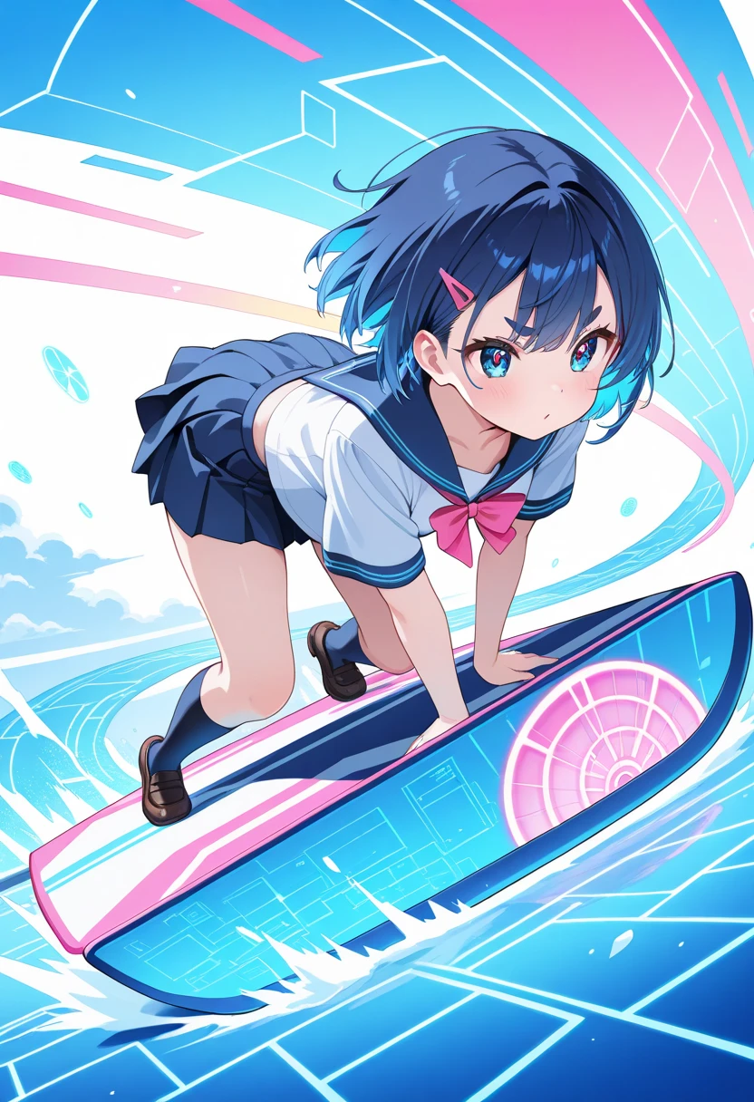 Highly detailed, High Quality, Masterpiece, beautiful, Twitch-chan, hairclip, hair ornament, purple hair, purple eyes, collared shirt, sleeveless, necktie, skirt, thighhighs, gloves, <lora:Char_Meme_Twitchchan:0.9>, surfing, waves, <lora:Pos_Surfing:0.8>, (detailed face and eyes:1.3)