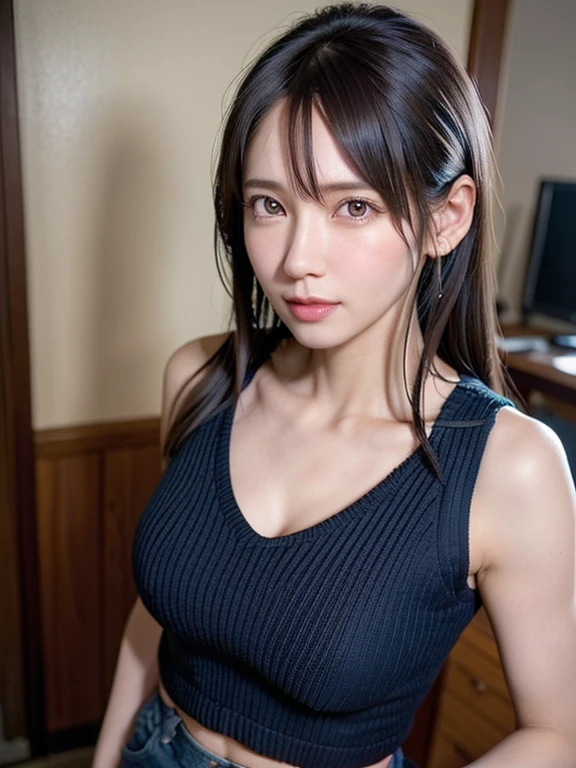 1girl, natural lighting, masterpiece, highly detailed, illustration, game CG, absurdres, high quality, aichan, large breasts, beautiful detailed eyes, medium black hair, ponytail, bangs, glossy lips, sitting, sofa, tank top, cleavage