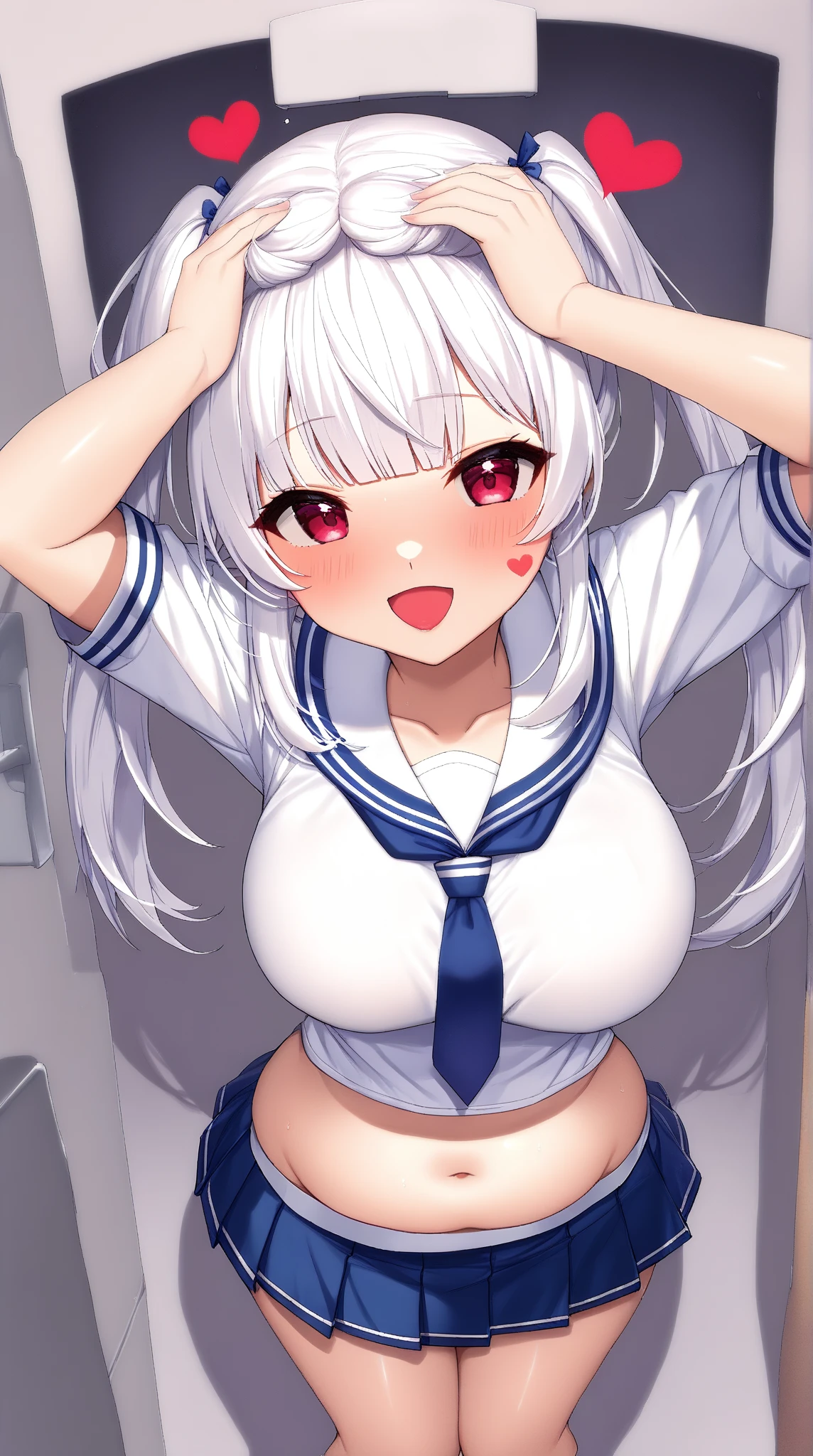 {{{}}}, fang, 1girl, silver hair, twin tail, (heterochromia,red eye, blue eye), {{{flat chest}}}, sailor uniform, bare nipples, bra aside, panties aside, Looking at Viewer, Smile, skyporn, classroom, From above, Nipple Tweaking, puffy nipples, nipples through, (spoken heart), (((cum in mouth, cum in pussy, cum on body, cum on breasts, cum on hair, excessive cum, pussy cum))), ((best quality)), spread legs, sit, (((oral invitation))), (finger to mouth)