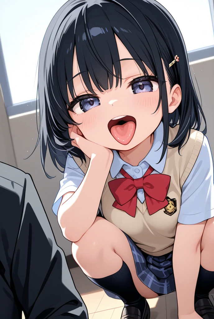 Sit on the sofa,looking ahead,from above,handjob,side view,face focus,open mouth,tongue out,cum on tongue,Licking a white dildo,(1girl,Beautiful 14 year old girl),((Slender,Small breasts,Baby Face,Small face,)),looking at viewer,Black Hair,bangs,two side up,Gray Eyes,Drooping eyes,slit pupils,narrow eyes,,Short sleeve shirt,Red tie,Navy blue mini skirt,Navy blue socks,Beautiful and detailed anime art,Mischievous smile,Dimly lit room,Simple Background,Gray background,Low lighting