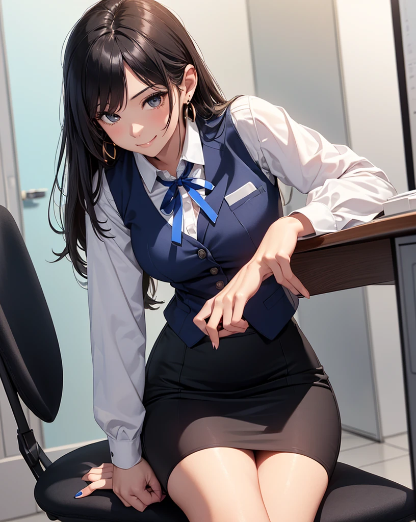 (highest quality,4K,High resolution,masterpiece:1.2),super detailed,(realistic,photorealistic,photo-realistic:1.37),Single mother 28 years old,Beautifully detailed eyes and face,smile,With confidence,Black hair tied into a neat bun,blue bank tailor uniform,mail important documents,efficient and professional,organized desk,modern office environment,sunlight shining through the large window,comfortable ergonomic chair,Professional attitude,Bright colors,sharp focus,Physically based rendering,studio lighting,Bokeh