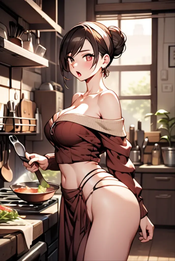 (from above:1.0),(from side:0.9),masterpiece, 1girl, Amazing Cleavage:1.1, thin waist, big ass, Raised sexy, small breast: 1.3, posed cleavage:1.2、solo, looking at viewer, open mouth, have a cute grass of cute beergrass,black hair, dark green eyes, dress, bare shoulders, jewelry, collarbone, sidelocks, hairband, earrings, indoors, off shoulder, :o, sweater, arms behind back, plant, short hair with long locks, gild hairband, off-shoulder dress, sweater dress, off-shoulder sweater, red sweater, dark gord hair, big side hair, very long side hair,is rendered in (masterpiece: 1.2, best quality), with (ultra high resolution) and an exquisite (depth of field). This masterpiece is not only visually stunning but also tells,A scene of cooking in the kitchen by classroom