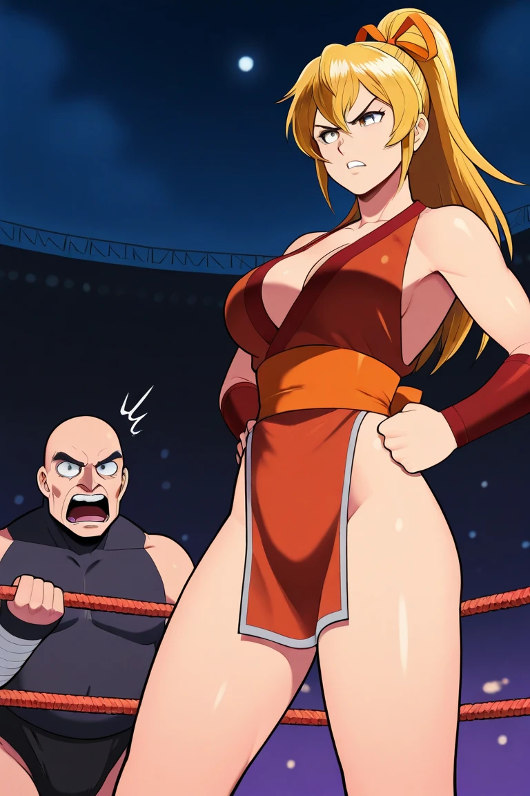masterpiece, super fine illustration, best quality, light particles, ultra detailed, perfect anatomy, Japanese anime style, 8K, (woman), big breasts, ((blonde long hair)), shiny hair, shiny skin, oily skin, beautiful face, (white leotard, wrestling boots:1.2), (nipples), (orgasm face, beautiful brown eyes, shiny eyes, big eyes), blush cheeks, get down all fours, (top down bottom up), (man:1.5), (man standing behind girl), (intense Sex:1.6), (doggy style sex:1.4), hetero, (man hold woman's waist:1.4), (cum out), nsfw, stage, wrestling stage, crowd, illumination, shadow, (dramatic angle:1.2),