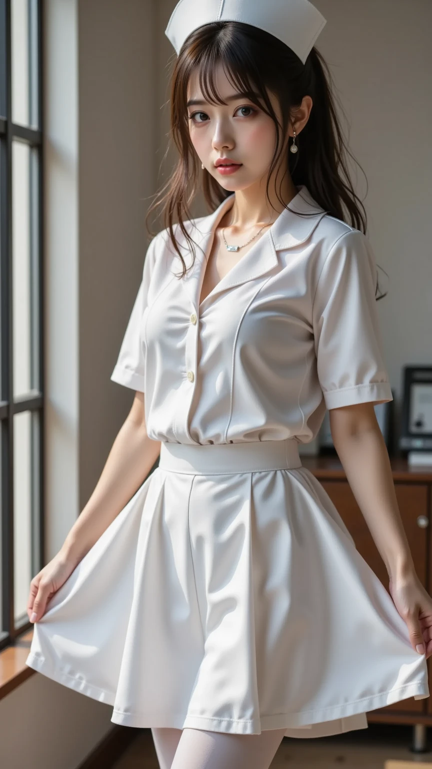 (8k, best quality, masterpiece, golden ratio composition,:1.3), (beautiful Japanese mature woman in her 30s), (wearing white Nurse's uniform, Nurse cap:1.2), (huge breasts), short cut hair