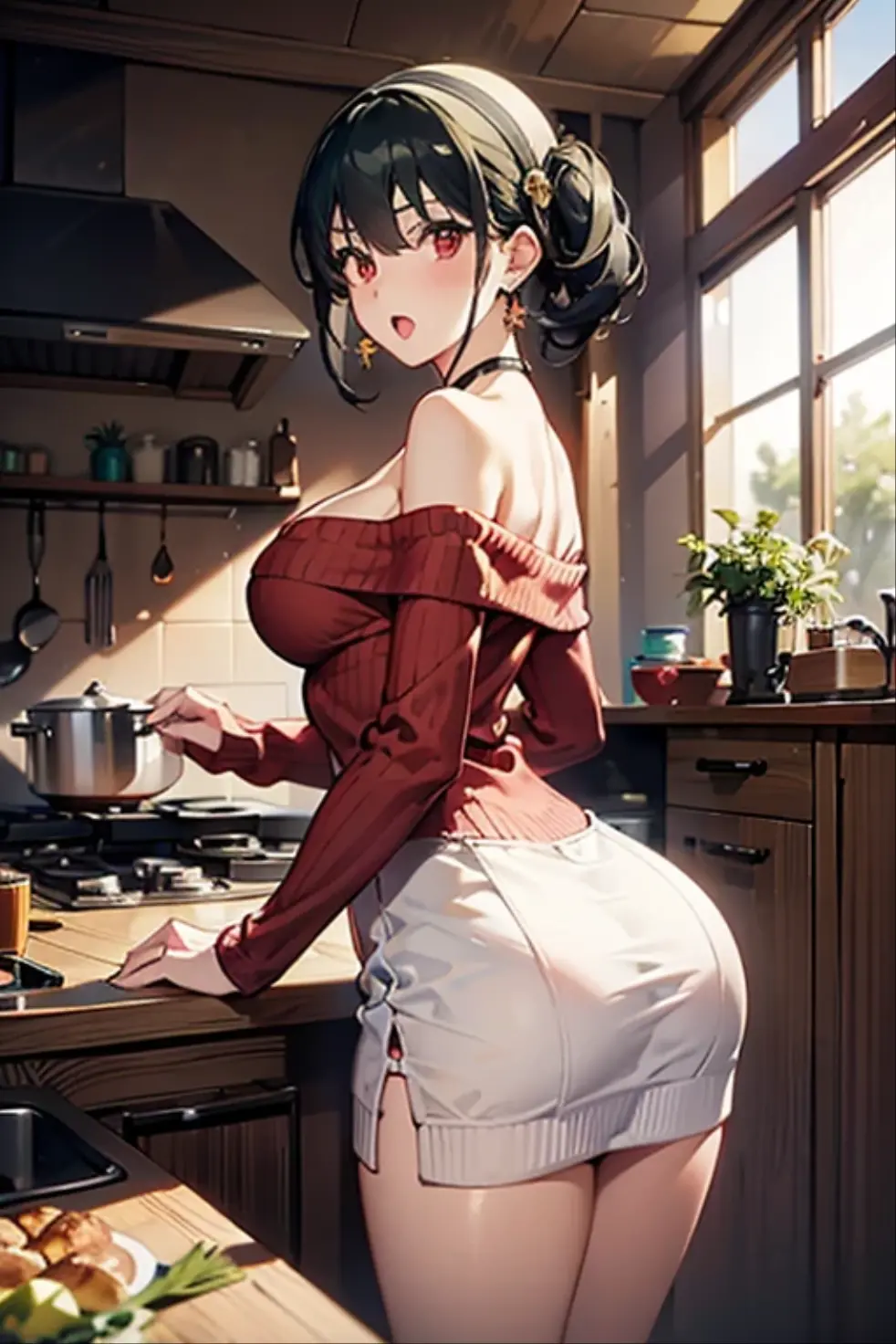 (small breasts:1.3), (perky chest:1.1), (pointed chest:1.0), (fashion magazine cover:1.3),(from below:1.0),(from side:0.9),masterpiece, 1girl, Amazing Cleavage:1.1, thin waist, big ass, Raised sexy, small breast: 1.3, posed cleavage:1.2、solo, looking at viewer, open mouth, have a cute grass of cute beergrass,black hair, dark green eyes, dress, bare shoulders, jewelry, collarbone, sidelocks, hairband, earrings, indoors, off shoulder, :o, sweater, arms behind back, plant, short hair with long locks, gild hairband, off-shoulder dress, sweater dress, off-shoulder sweater, red sweater, dark gord hair, big side hair, very long side hair,is rendered in (masterpiece: 1.2, best quality), with (ultra high resolution) and an exquisite (depth of field). This masterpiece is not only visually stunning but also tells,A scene of cooking in the kitchen by classroom