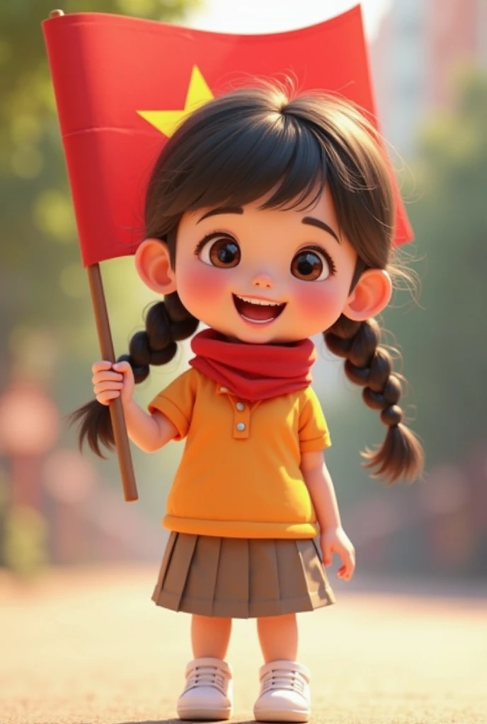 a child in elementary school uniform holding an indonesian flag,indonesian independence day,beautiful detailed eyes,beautiful detailed lips,extremely detailed eyes and face,long eyelashes,1girl,oil painting,illustration,dynamic pose,colorful,vibrant,dramatic lighting,sharp focus,photorealistic,4k,8k,highres,masterpiece:1.2,ultra-detailed,realistic:1.37,studio lighting,ultra-fine painting,physically-based rendering,extreme detail description,professional,vivid colors,bokeh