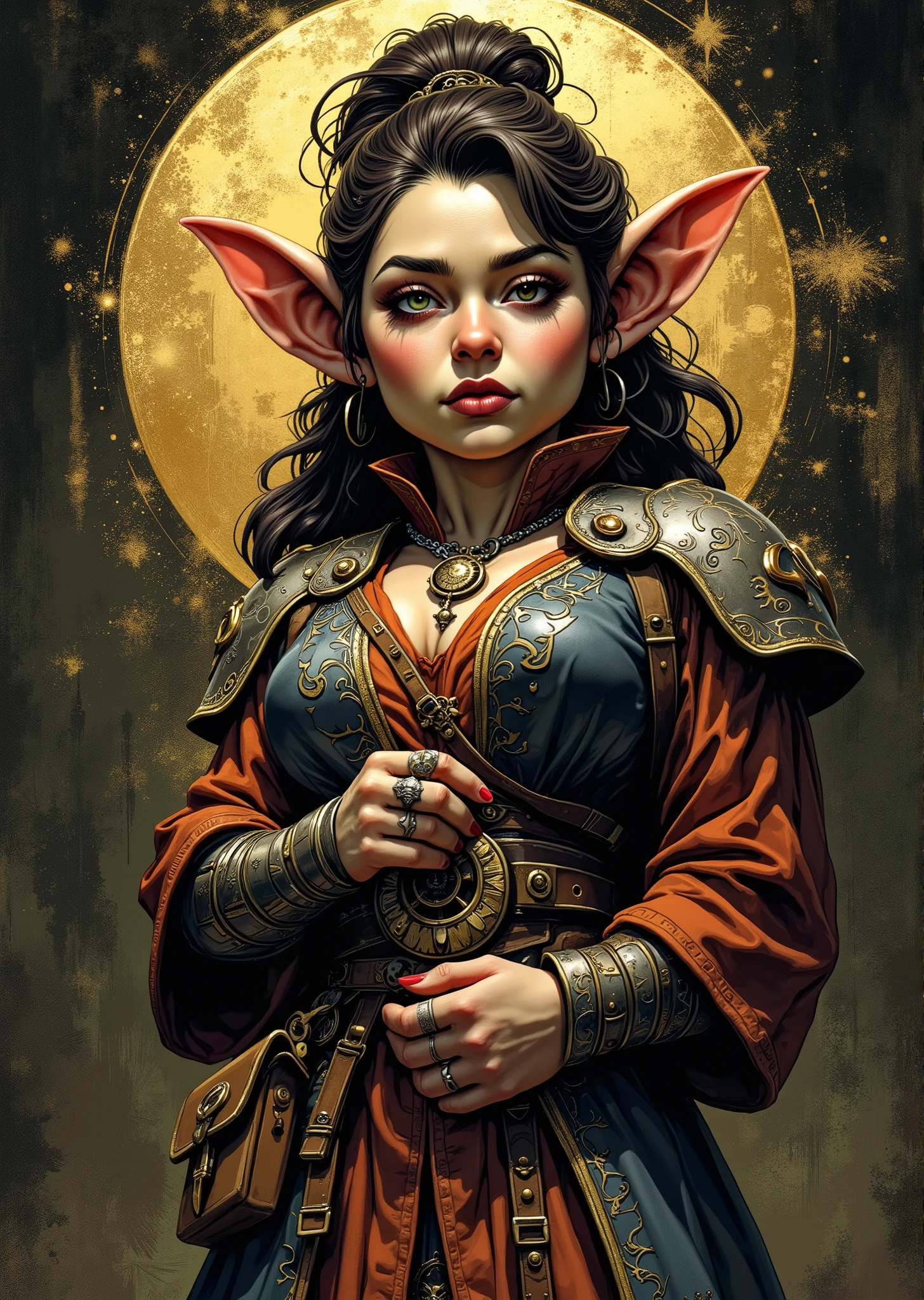 An extremely detailed comic book illustration of a stunningly beautiful extremely curvaceous Gnome from Dungeons and Dragons petite magical folk with big eyes and pointed ears created by gods of invention and illusion seldom seen by other folk due to the gnomes' secretive nature and their propensity for living in forests and burrows making up for their small size with the cleverness born as a Dungeons and Dragons Clockwork Sorcerer with innate magic stamped into their being traced to strange events in their personal or family history the raw roiling power of magic is part of them a living tangible thing which wants and demands to be wielded who has received the blessings or curses of the plane of Mechanus her entire being infused with clockwork bones and steampunk looking cybernetic augmentations granting her an innate power to manipulate chance and luck and to bend reality to the benefit of the forces of machine-like clockwork order wearing a long intricately designed robe with a high collar embellished with ornate metallic patterns a sturdy tunic in a contrasting hue providing a rich backdrop to the more elaborate outer layer her shoulders are adorned with decorative armor plates that are both functional and stylish featuring intricate designs that match the overall aesthetic of her outfit with her forearms protected by elaborately designed gauntlets which are both practical and ornamental showcasing craftsmanship with a wide ornate belt cinching her waist the waist featuring a large elaborate buckle that adds a focal point to the outfit featuring pouches and wears various pieces of jewelry including rings and a pendant in an art style inspired by Frank Miller and Conan the Barbarian. The Background is awash in dark moody textured brushstrokes in dull brass tones with abstract clockwork and gear motifs. Standing in a dynamic action pose. Trending on Art Station.