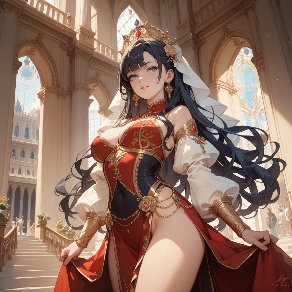 masterpiece、top-quality、Full body drawing、superfine illustration、NSFW、((M-shaped legs))、(Open thighs)、Shy figure、red blush、extremely cute and beautiful girl、very detailed beautiful face and eyes、Detailed and exquisite eye、Beautiful eyeeautiful hair、Costumes that stick to the skin、beautiful detailed dress with many frills、Detailed and elaborate costumes、Solo, 1girl in、dynamic ungle、full-shot、wide Shots、huge-breasted、Big sticking to costumeig breasts with tension、Heavy big、(((((huge muscles)))))