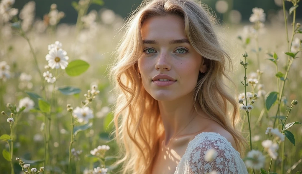 ((beautiful woman, 22 years old, a thin fit body blonde)), Sitting in a meadow with daisy flowers, full cleavage, shapely firm breasts, highly detailed skin texture, alluring, masterpiece, best lighting, best quality, high resolution hyper realistic, photorealistic, high-res photography,
