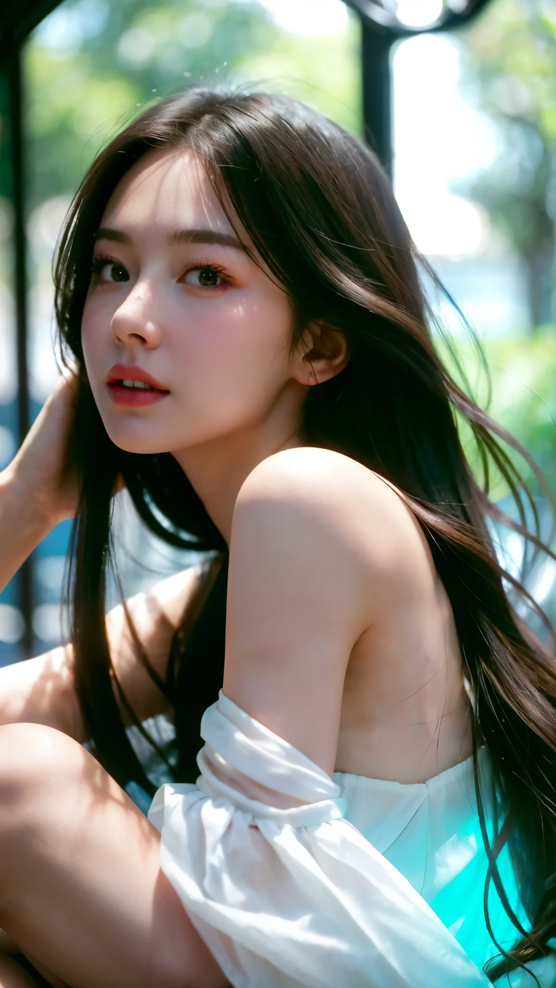 upperbody shot、front-facing view、a Japanese young pretty woman、Gentle face、hyper cute face、shiny lips、Double eyelids in both eyes、Natural makeup, long eyeslashes、Back Light, Bob Hair Tweeny Smooth Light Brown Hair、Hair swaying in the wind, asymmetrical bangs、Headframe、image in center、8K、high detailing、detailed hairstyle、A detailed face、spectacular movie lighting、octane renderings、with a vibrant、Ultra-realistic、Perfect limbs、perfect anatomia