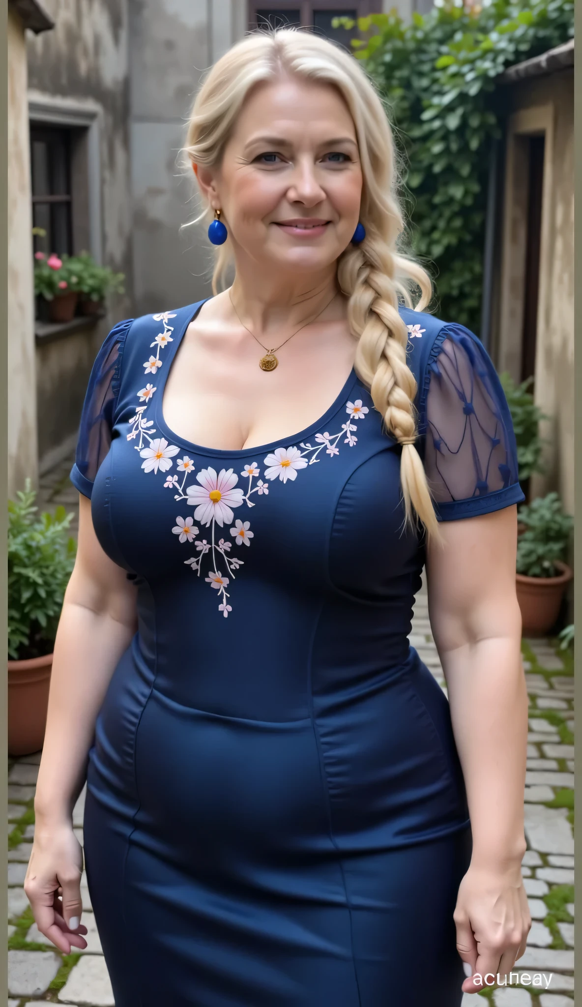 older women 45 years old, super big breasts, she has long hair braided to the side