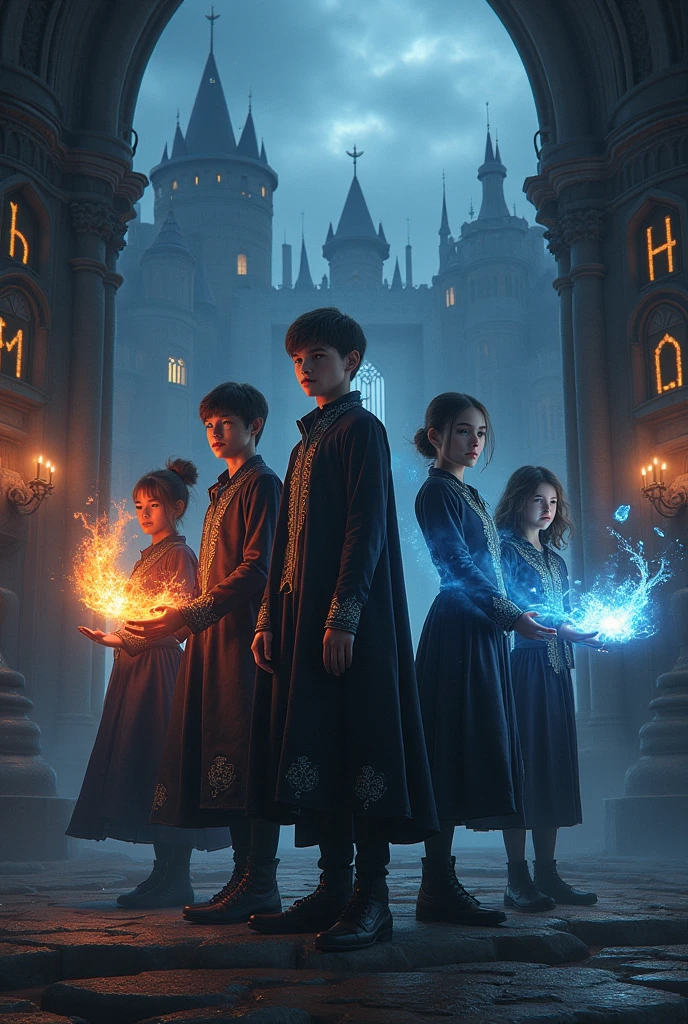 On the fingers;puffing smoke;Fire on the fingers;A group of children;Wear black magic robes;Wand in hand