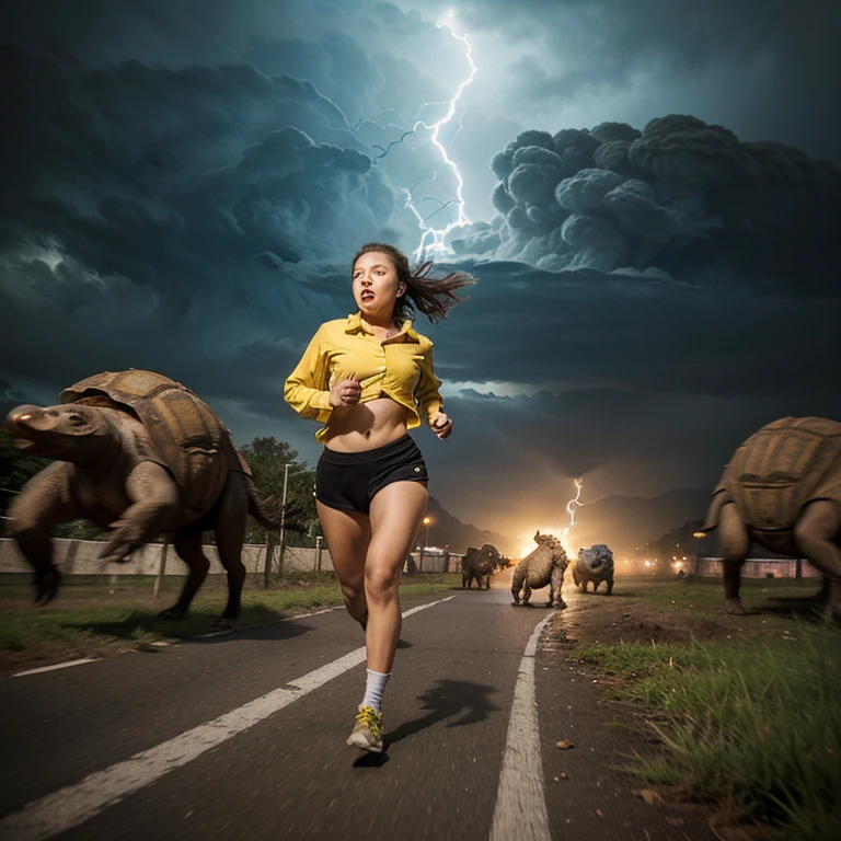 A realistic image, 1 girl, Yoona, only wearing oversized white t-shirt, short hair, running fast to escape from unknown creatures. Magical  bokeh in the background, raining effect on faces, a puddle of water on the ground, cinematic film effect, film effect, random aesthetic angles, water effect, rain effect, fantastical perspective, UHD, insane detail, 12k, Closed up 