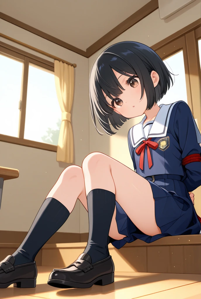 mashiromitsumine, mashiro mitsumine, (brown eyes:1.5), brown hair, ponytail, (flat chest:1.2),
BREAK grey skirt, long sleeves, neck ribbon, red ribbon, ribbon, sailor collar, school uniform, skirt, white sailor collar, (blue shirt:1.5),
BREAK looking at viewer, full body,
BREAK indoors, classroom,
BREAK (masterpiece:1.2), best quality, high resolution, unity 8k wallpaper, (illustration:0.8), (beautiful detailed eyes:1.6), extremely detailed face, perfect lighting, extremely detailed CG, (perfect hands, perfect anatomy),(white :1.5), (short, tiny, little:1.2), (spread legs, knee up:1.3), groin, perineum, leaning back, body tilt, shy, blush, embarrassed, arms behind back, cowboy shot, dutch angle,