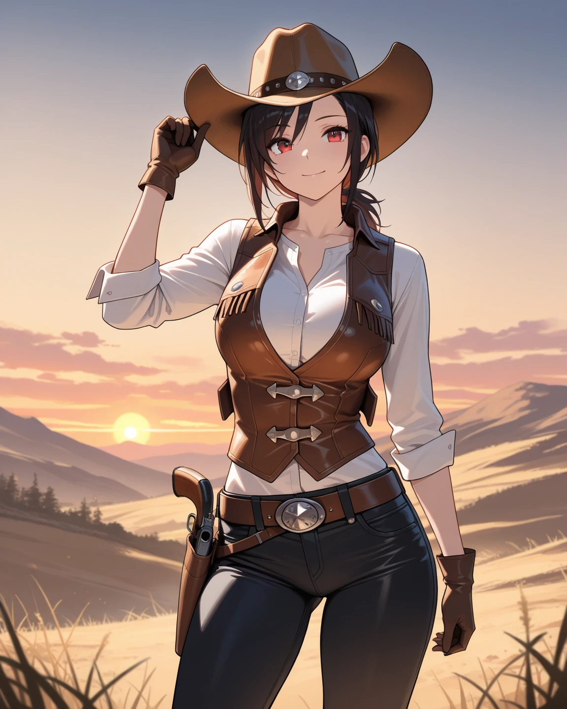 Perfect face, Perfect hands. A black haired female cowgirl with brown eyes and an hourglass figure in a conservative cowgirl's outfit is standing outside of a mine with a curious smile in the wild west