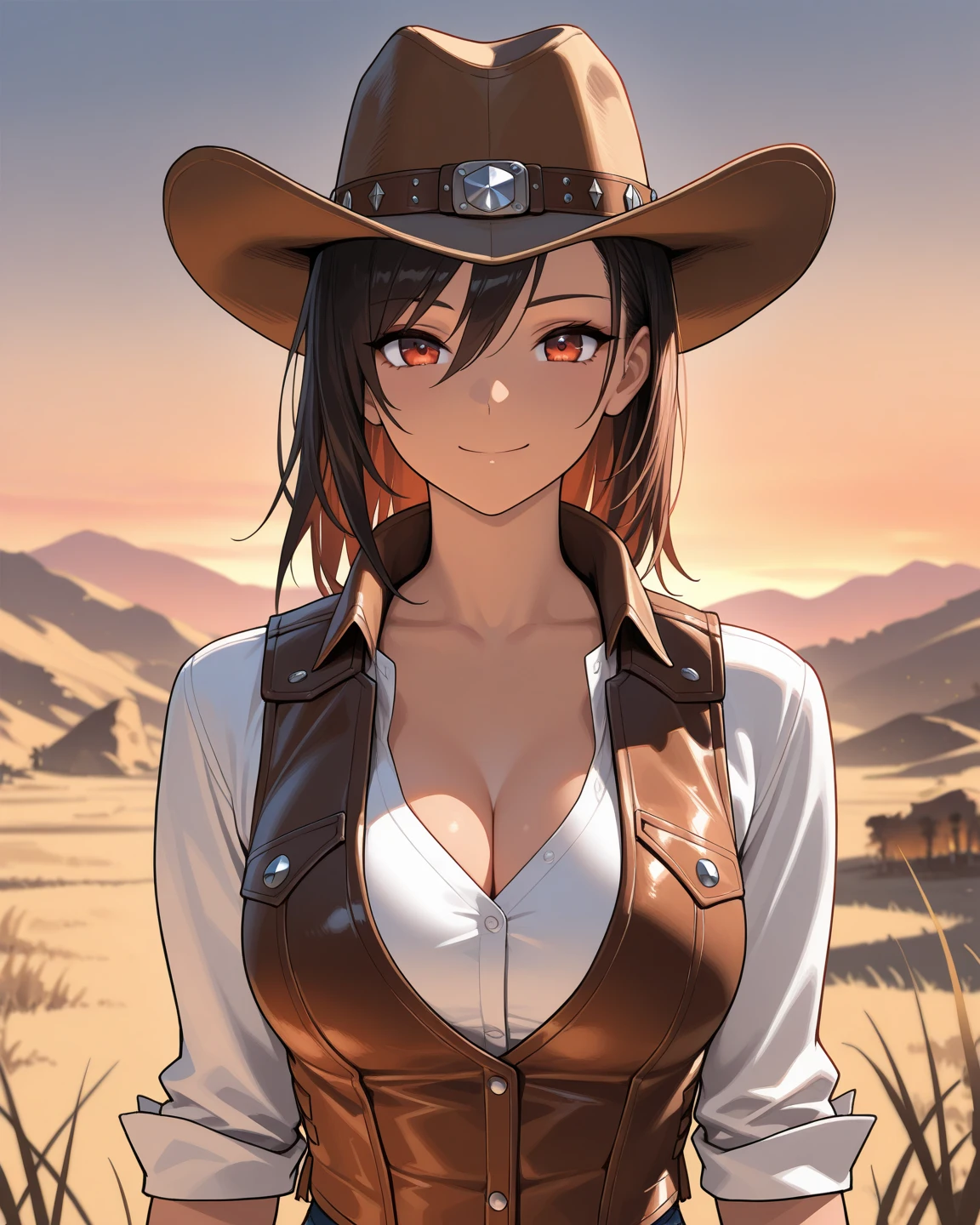 score_9, score_8_up, score_7_up, BREAK, 1girl, solo, lindsaytd, cleavage, long sleeves, desert, cactus, open vest, cowgirl \(western\), cowboy hat, belt buckle, belt, from above, plaid, plaid shirt,