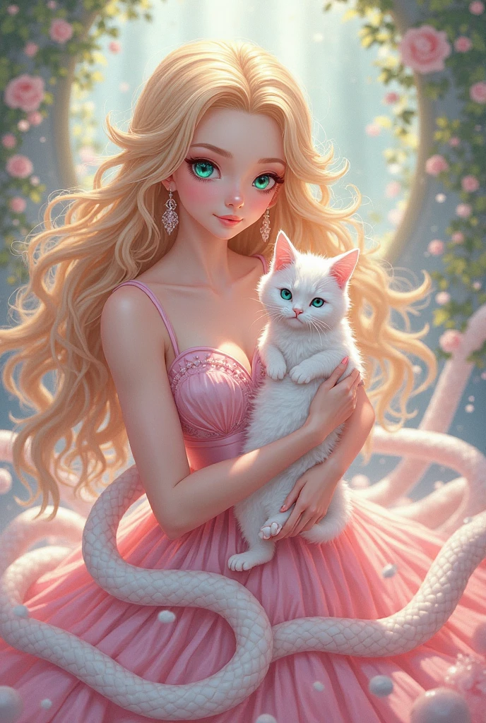 Beautiful and fantastic art illustration，Cartoon animation style，A super cute beautiful and pure blonde wavy curly girl，Hug the kitten，Romantic roses，Cream rose，Pink-purple roses，Lie in the flowers，Clusters and clumps，Wonderful，Best quality at best，A high resolution，Complicated details，fanciful，cute animal，64K Ultra HD resolution