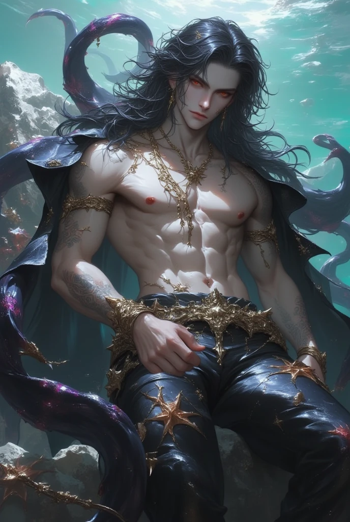 (8k,photorrealistic RAW photograph Maximum quality;1.4) (1 Japanese boy) Super handsome mermaid king of the underworld (lifelike face) (hair with starfish, long hair in the wind) slenderbody Hairy, macho, muscular guy big shiny eyes Aristocratic Starfish Costume Blue flower decoration Fangs peeking out of the mouth Pointed claws a seductive gaze Beautiful expression A hyper-realistic (King of the Underworld) appealing (real looking skin) super high resolution high detail mermaid tail Aura blue flowers emanating from the body effect bright cloak