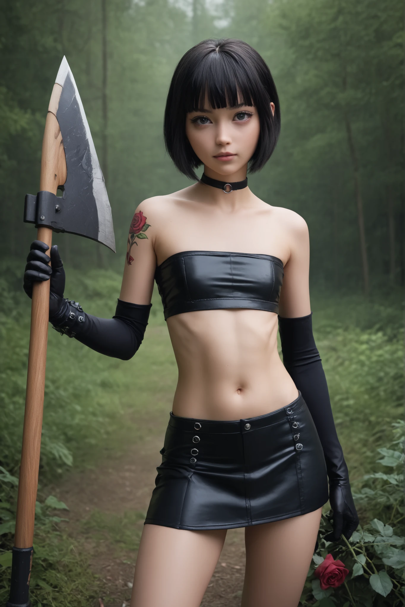 (1girl), (black choker), (black leather gloves ), (holding an axe), ( Rose Tattoo on right shoulder), (short hair with blunt bangs ), (Outside in misty forest), (slim body, flat chest), gothic-chic bandeau top, cropped tight micro skirt, score_9, score_8_up, score_7_up, look at the viewer,,