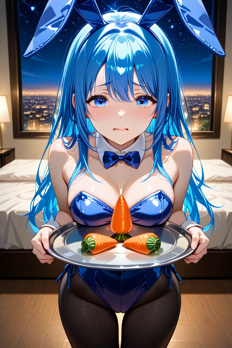 nyotaimori, lying on bed, vegetable, fruit, whipped cream, masterpiece, best quality, ultra detailed, bedroom, on bed, blush, Light blue hair, short hair, (nude:1.3)