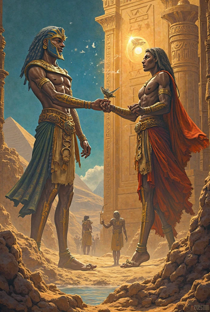 baroque painting+muslim_art fullbody portrait, an arabian prince, cinnamon skin green eyes, wavy black hair, thin face, slender toned body, body hair, beautiful face, next to a young viking, blond, blue eyes, muscular beautiful face, strong, masculine perfect proportions, white skin innocent look, both men watching to the the stars in the mesopotamian desert in the night dynamic movement composition in the background viking dunes, tents, stars,, south cruce so romantic