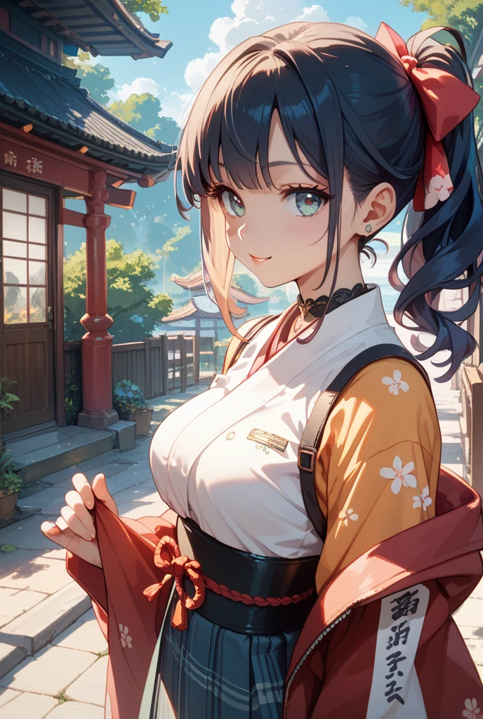 top-quality、Top image quality、masterpiece、teens girl((18year old、 Ager、Best Bust、Medium bust,wide open breast tea、Golden Eyes, a blond、poneyTail、A slender,Highest valley、Red kimono、Cute Hair Ornament、The best smile、Cool pose)),hiquality、Beautiful Art、Background with((jpn、Blue sky、shrines、torii gate、Bright sun、big crowd)),masutepiece、depth of fields、movie、visualart、Perfect Art、POV POV Perspective