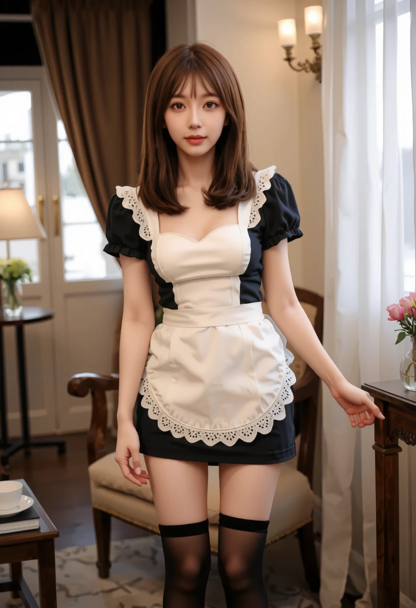 masterpiece, The best quality, Ultra-high resolution, High detail photo, Unity 8K Wallpaper, Extremely detailed CG:1.2), depth of field, bokeh, (RAW photo:1.realistic photography:1.4), (1girl:1.5), young, physically based representation, beautiful, (Finely detailed face:1.4, detailed clothing), (detailed:1.4) named (Eimi Fukada:1.1) BREAK Cara hermosa, depth of field, Add layer, hyperrealistic, 27 years old, perfect body model, perfect breasts, 175cm tall, pose sexy, full body, Whole body, Model Body Type, BREAK (extreme skin details:1.1), skin details, (maid attire, black pantyhose, high heels:1.3), double eyelid BREAK smile, seductive pose, standing, standing inside, standing on the inside, Santorini house, indoor, Mediterranean style, (santorini:1.3), (close up:0.3), french braids