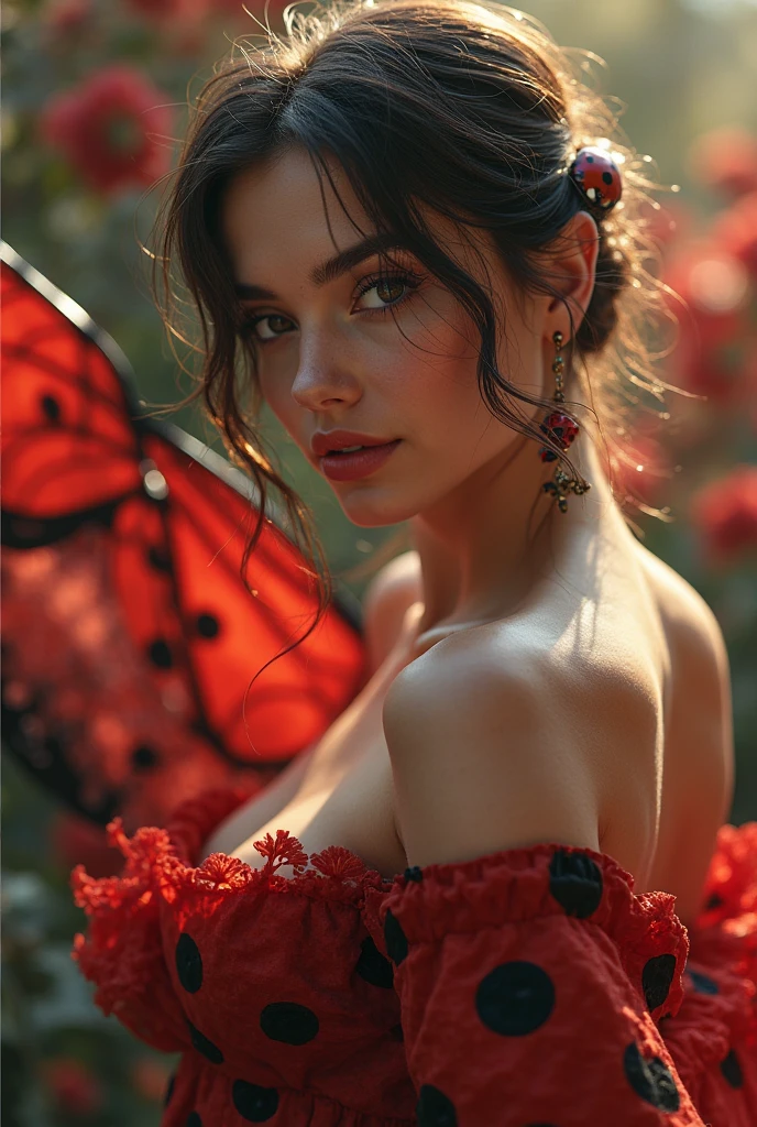 (Masterpiece.UHD.photorealistic) an ultra hot gorgeous European woman. Age 23. Epic cleavage (100e size) in a surreal scenery with a flock of beautiful birds, colorful birds flying, detailed feathers, vibrant colors, photorealistic, hyper detailed, 8k, realistic lighting, intricate texture, dynamic composition, cinematic atmosphere, dreamlike quality, stunning detail, artistically stylized