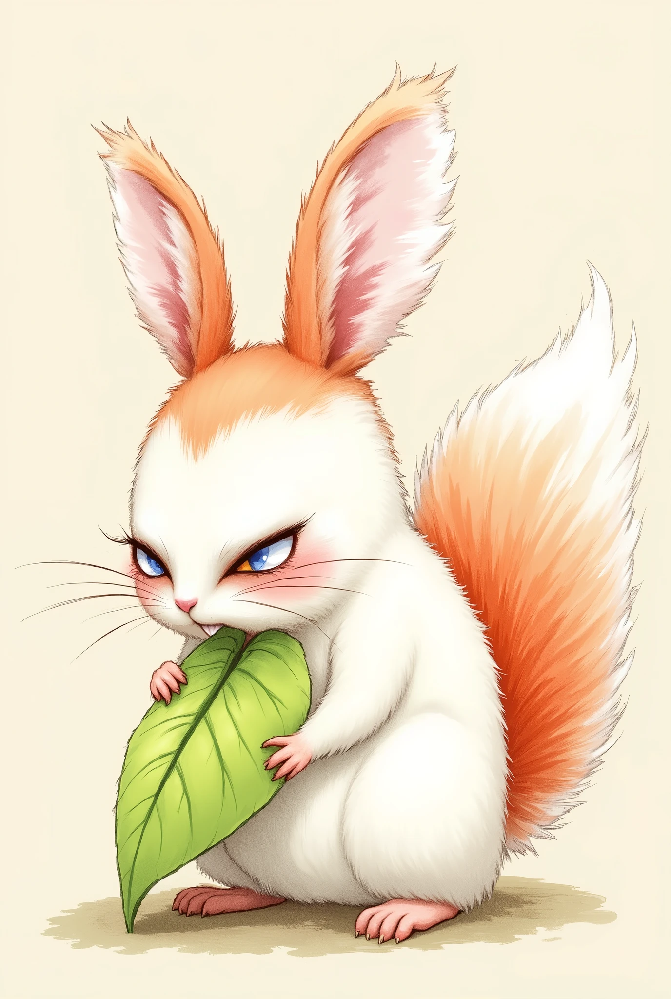 a squirrel with white hanging bunny ears and a red fox tail nibbles on a green leaf