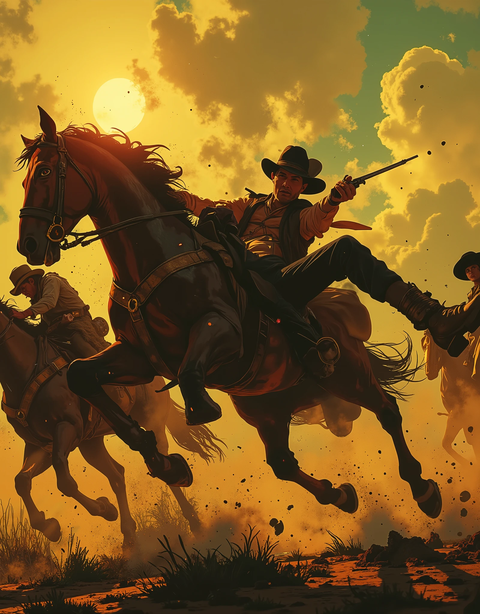 Dynamic shot from a western, 19th century, a cowboy man falls from a galloping horse during a shootout with Indians, bending in the air, dodging a bullet, tense, frightened face, dynamics, blur effect, bullet marks, clouds of dust, leather pants, leather vest, hat, cowboy boots with spurs,pistol, very low angle, from ground level, long shutter speed, bright natural light,sunset, long dramatic shadows, light aberration, double exposure, backlight, analog photography