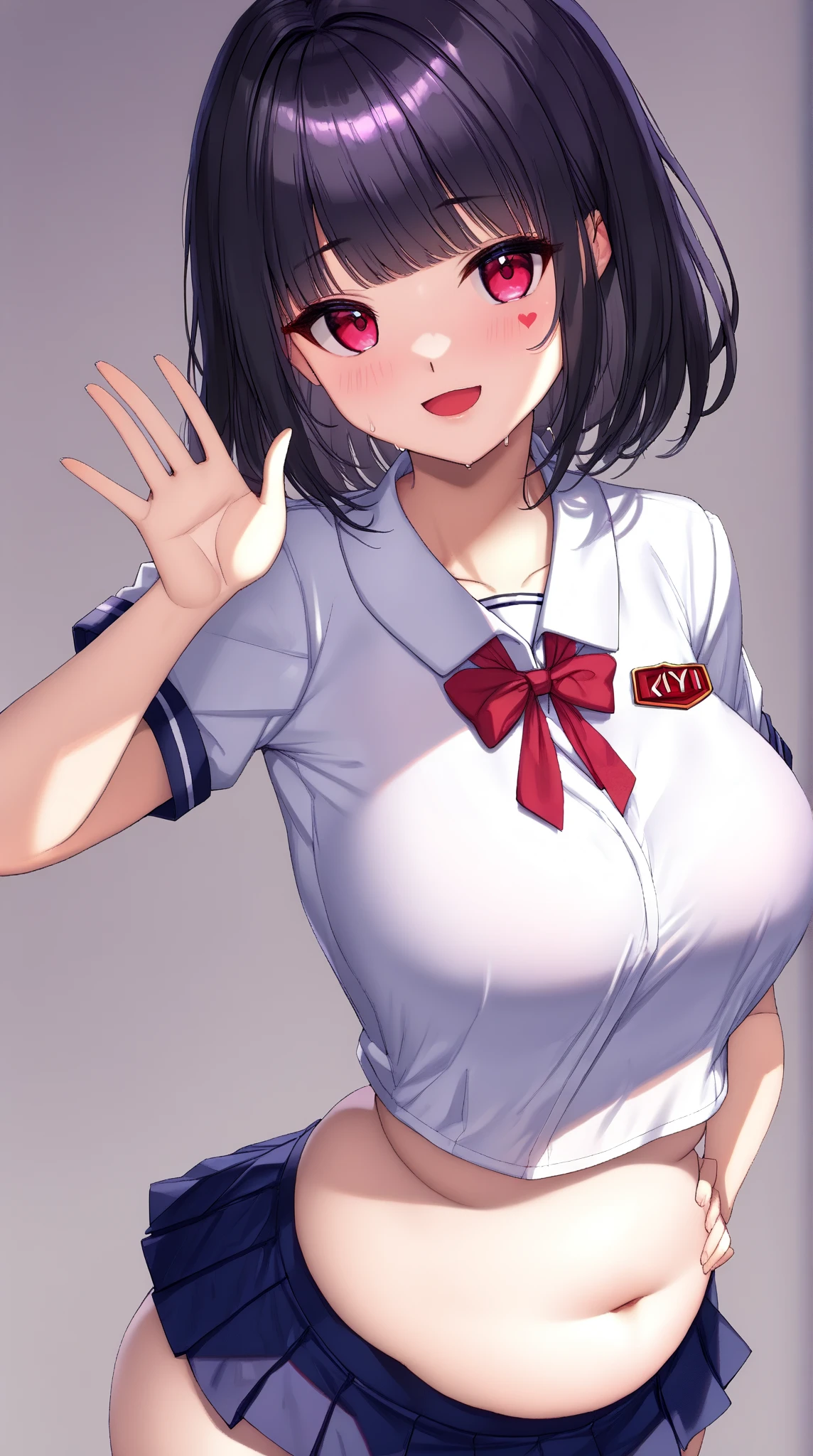 Main piece、high quality、High resolution、1 girl,single, Ruka Sarashina、jewelry、skirt、Sailor uniform that exposes the chest、Navy pleated skirt、Woman with black hair、short hair、black hair、black pantyhose, blue eyes, long sleeve,, bow, bow, blue hair band, bangs, big full breast, cleavage, Medium waist, medium hips, wide thighs, Cowboy photos, smile, fascinating, embarrassing, blush、In town、lots of people、crowd, looking at the viewer,from below、Low - Angle,very big breasts、cleavage、no bra、no panties、no panties、nipple、Serve nipple、Milk spurts out of nipple、Milk drips from nipple