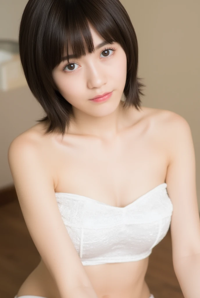 (8k、RAW Photos、highest quality、masterpiece:1.2)、(Realistic、Realistic)、1 Japanese girl、(Short hair)、((Black Hair))、((White Lingerie))、((Petite Woman))、(((Big Breasts)))、skeletally correct、((small eyes))