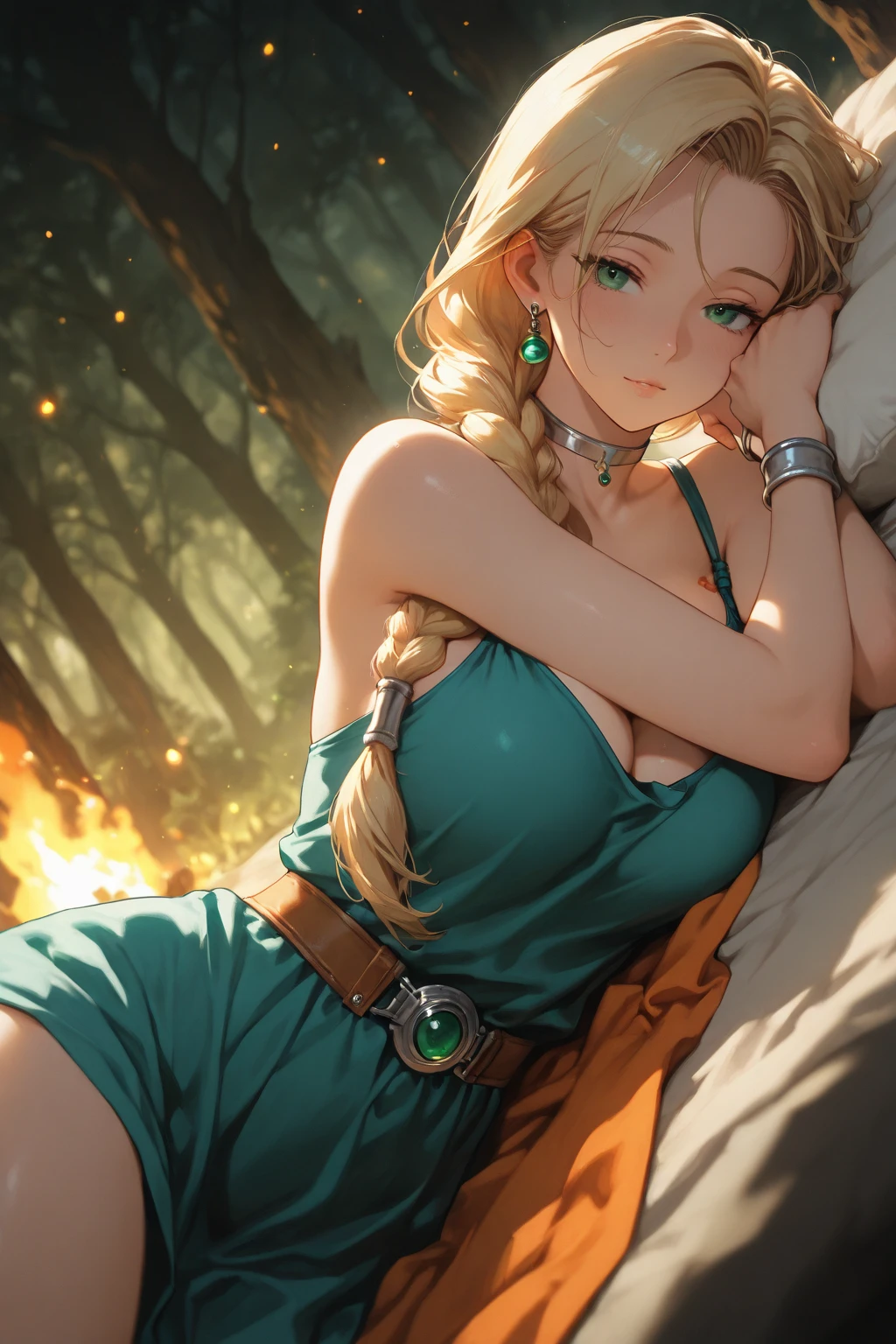 Masterpiece、Highly detailed drawing、Professional illustrations、Cinematic lighting、Light and shadow、Detailed face、Detailed eyes、(alone:1.5)、Beauty、Dragon Quest 5、Bianca、(Prone:1.9)、Prone寝、Facial expressions are invisible、(Dirty clothes:1.7)、(Torn clothes:1.6)、Big Breasts、Large Breasts、Blonde、Long Hair、Braided Hair、Green Dress、Orange Cape、boots、Silver necklace、(Top view:1.6)、Outdoor、defeat、(Sweating profusely:1.4)、Best Shot
