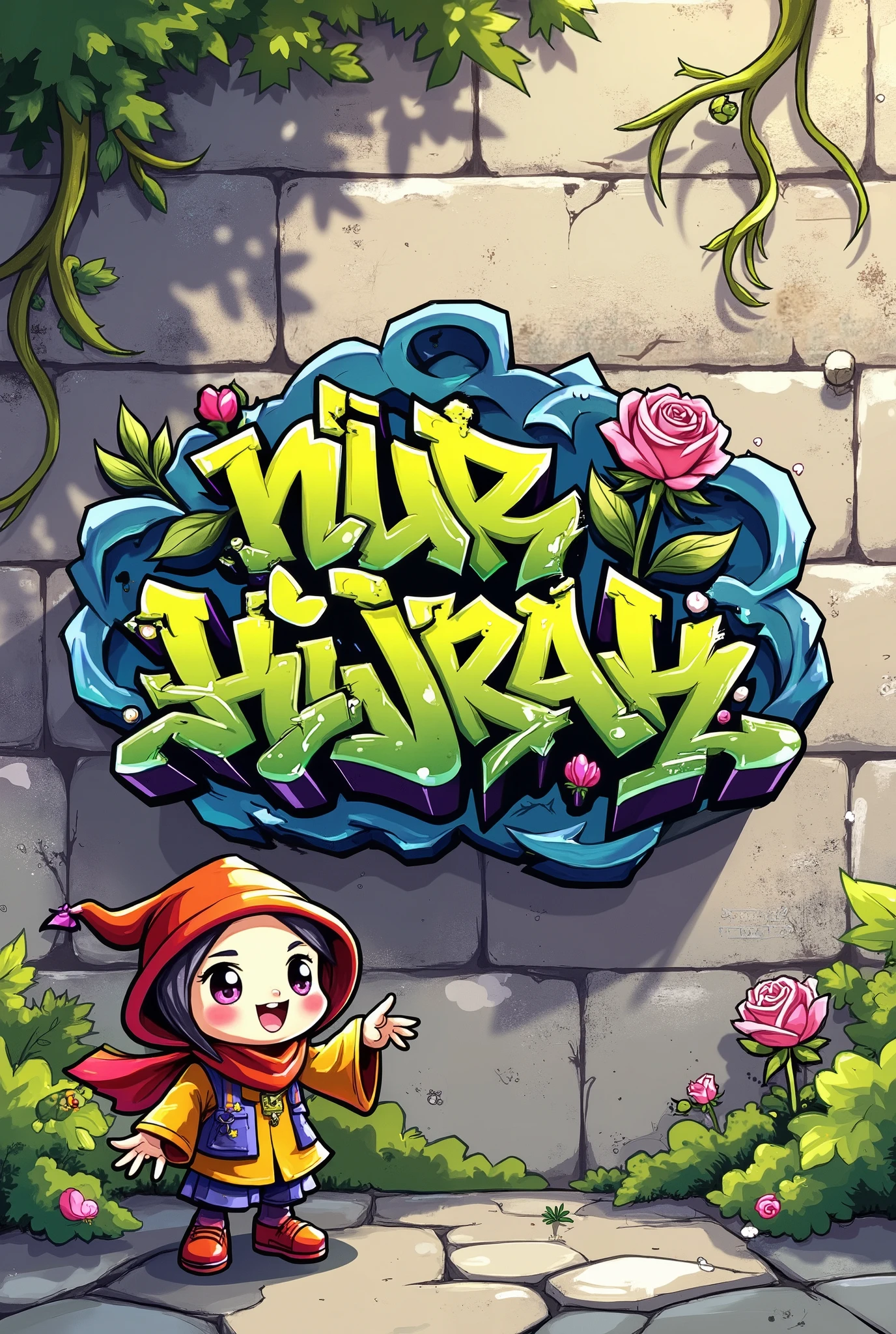 Cool graffiti spelling 'Nur Hijrah' on a stone wall background, Labubu doll,pink rose flower, creeping roots, Chinese