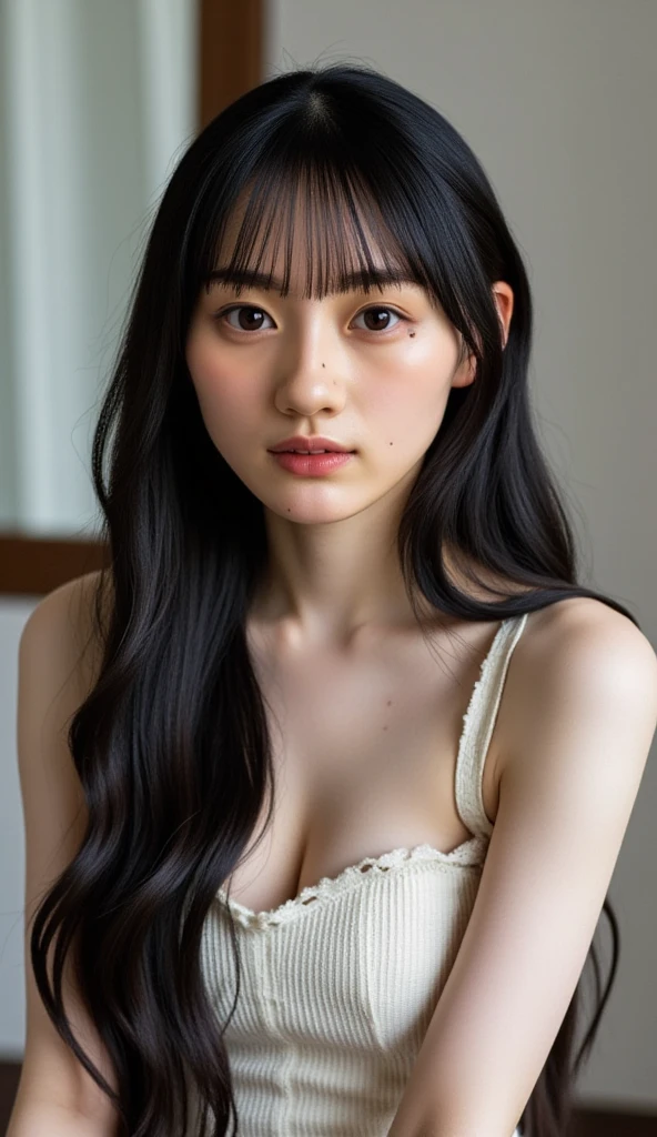 Japanese girl, white skin, dark hair, wearing a Japanese , big eyes, oval face, beautiful high nose.