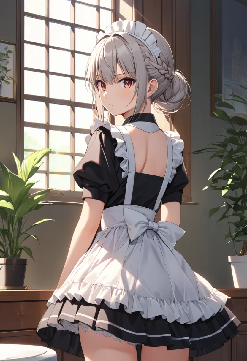 (Photorealistic:1.8, Highest quality:1.8,8K masterpiece:1.8,High resolution,Mastepiece:1.8,RAW Photos,Cinematic lighting)、Detailed Background、((Flat Color))、((colorful))、morning、maid Cafe、Window light、(Back view of a female store clerk holding a coffee cup)、TWICE's Tzuyu' on pause、
(choker、Maid clothes、hair ornaments、Black Mini Skirt、Beautiful thighs、Beautiful hips)、(smile、A rich expression)、(Medium Hair、Beautiful, shining red, white, brown and silver hair:1.5)、Sparkling Blue Eyes、Random Pause
