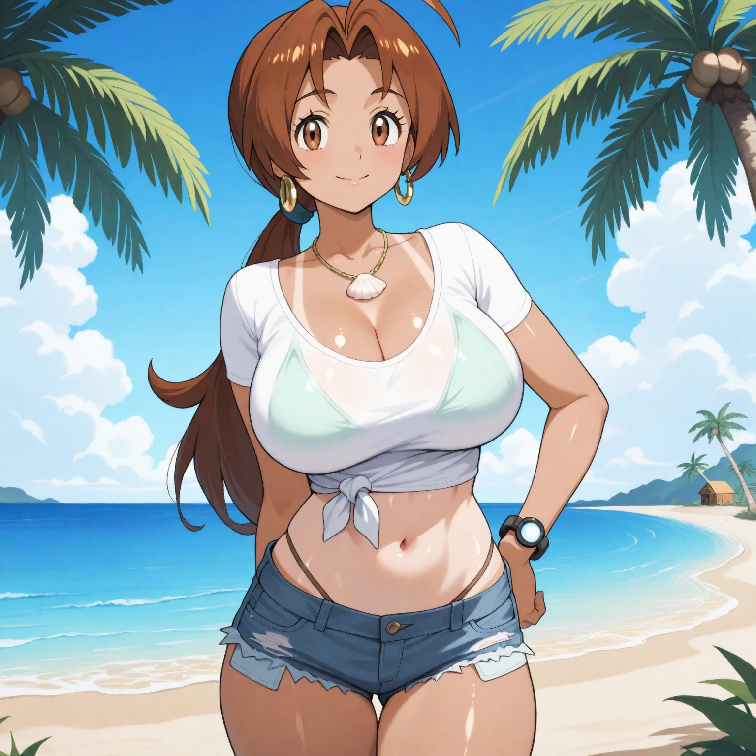 ANAMARIADELACRUZ, 1GIRL, SOLO, LONG HAIR, LARGE BREASTS, BROWN HAIR, NAVEL, CLEAVAGE, JEWELRY, GREEN EYES, COLLARBONE, BIKINI TOP ONLY, SHORT SHORTS, DARK SKIN, DARK-SKINNED FEMALE, WAVY HAIR, ARMBAND, BLUE SHORTS, HOOP EARRINGS, OPEN FLY, YELLOW BIKINI, GREEN BIKINI, upper body, facing viewer, (looking at viewer:1.5), in the center, smile,