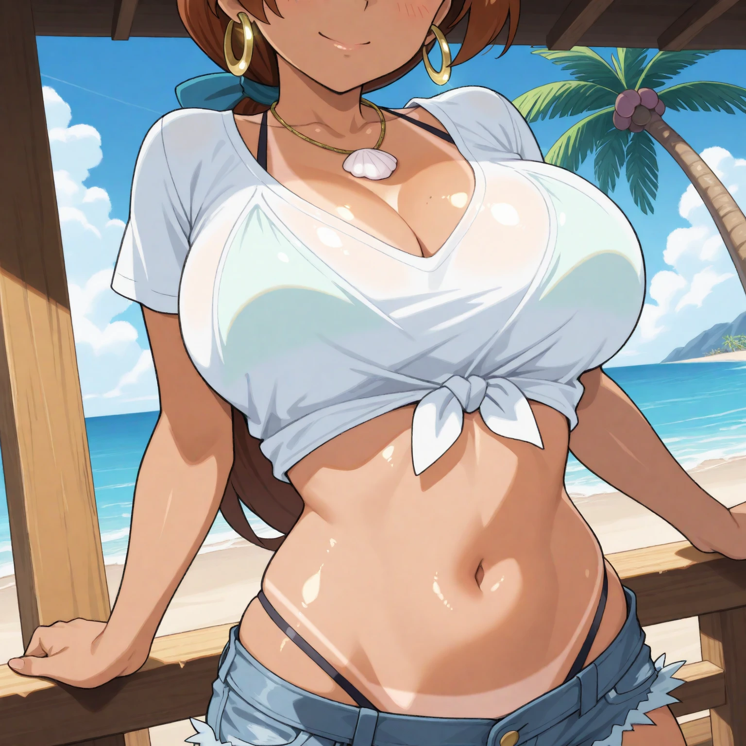 (( close、16k、highest quality、Attention to detail、Rich skin detail, Browsing Caution)),((Chubby)),(Green Eyes)、((((Sideburns))))、((short hair、Long single braid))、((Brown Hair))、(Beautiful Eyes)、 ((Swollen nipples、Huge breasts)),((Hands behind head、Both armpits))、((White Shirt、Shirt lift))、 ((Sweat、Wet))、 ((blush))、(Wide Hips、Thick thighs)、((((Embarrassing))))、:o、((Beach))