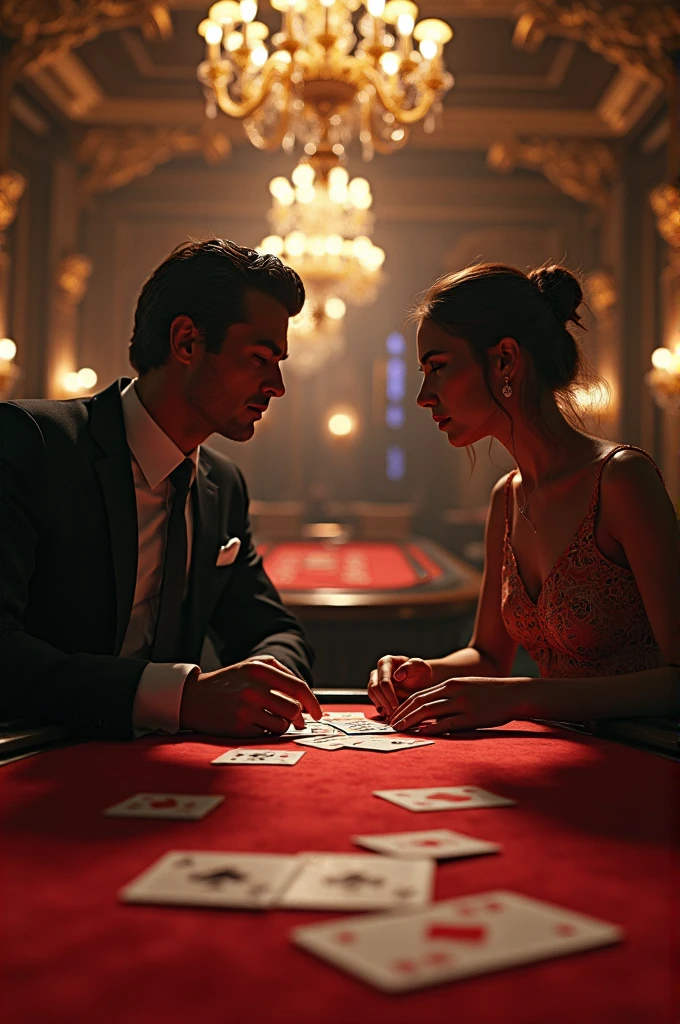 a young man playing casino with a beautiful white girl in a dress, high quality, 8k, realistic, photorealistic, cinematic lighting, dramatic shadows, opulent casino interior, roulette table, elegant chandelier, detailed facial features, penetrating gaze, sophisticated fashion, shimmering satin, glossy skin tones, ornate furnishings, sumptuous textures, dramatic chiaroscuro, moody atmosphere, intense focus, masterful composition, exquisite rendering