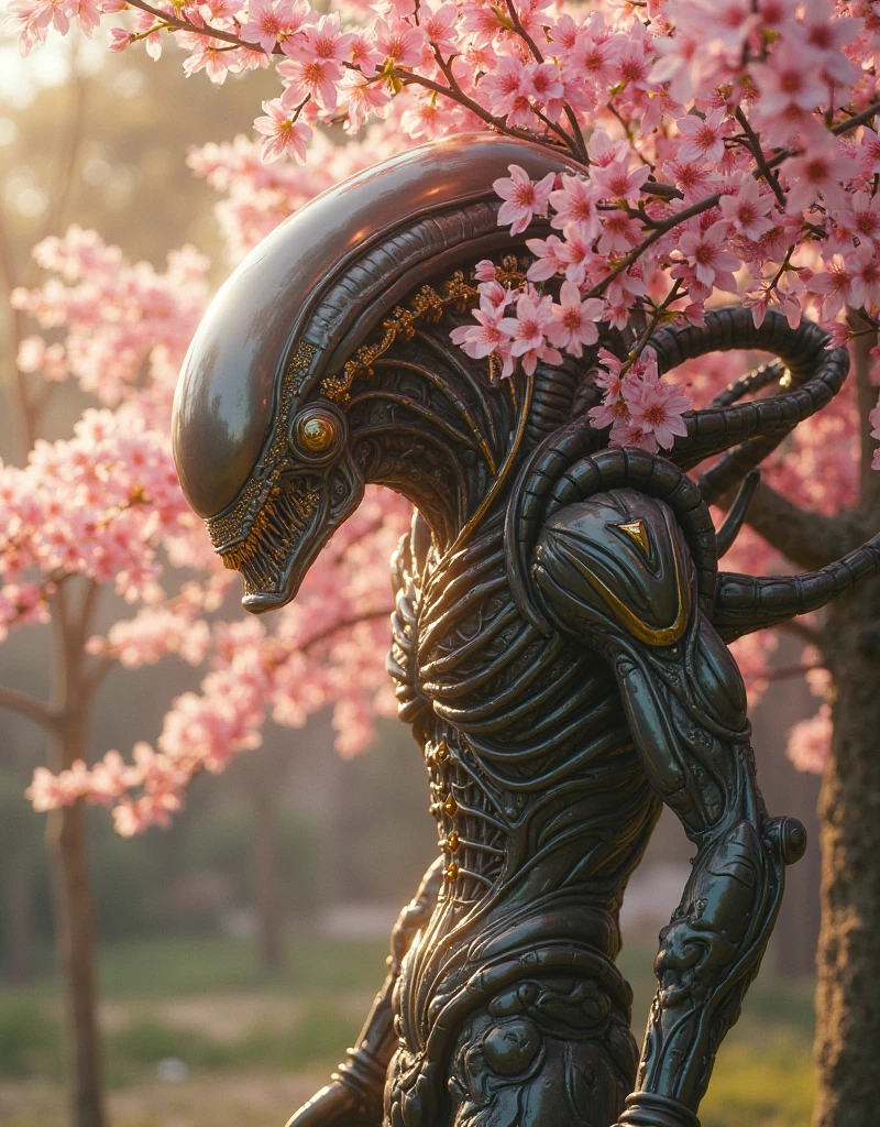 photorealism, extremely detailed, best quality, masterpiece, 8k, UHD, Extreme long shot, a (xenomorph:1.2) eating one apple, standing, holding apple, In the Violet Meadow, <lora:Pony_xenomorph_pdxl:1.1>,